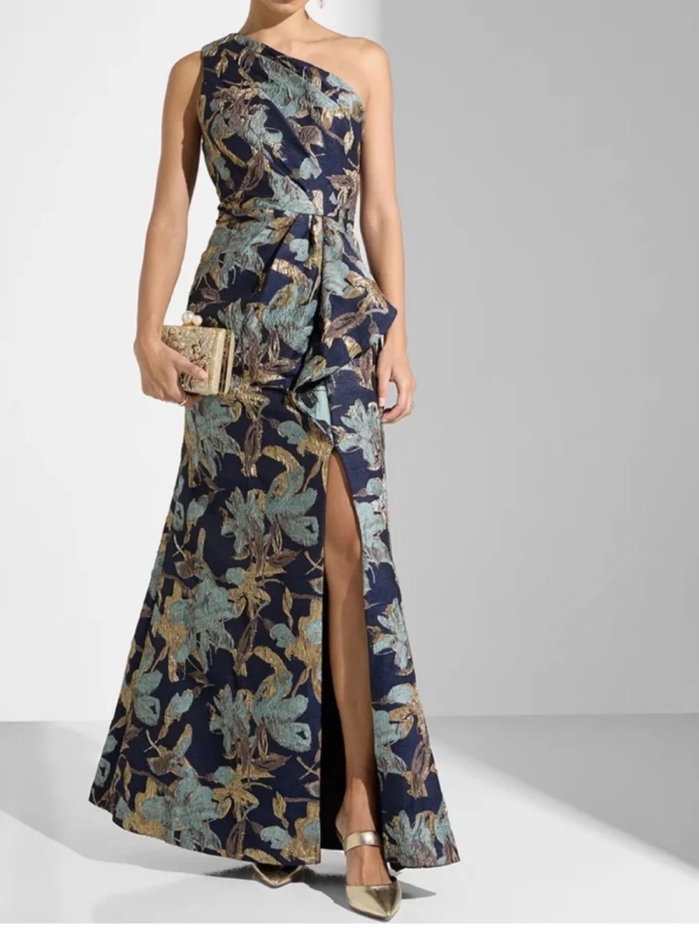 Adrianna Papell Size 12 One Shoulder Metalic Jacquard Mermaid NWT Dress